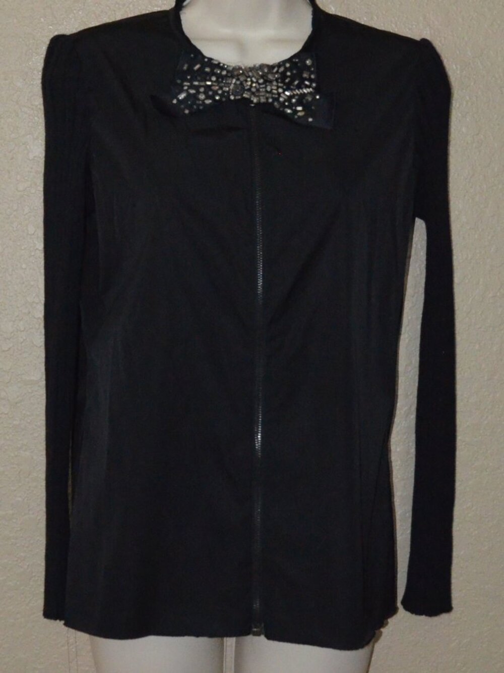 Sz 36 2 Lanvin Black Zip Front Contrast Sweater Sleeve Removable Bow Tie Blouse